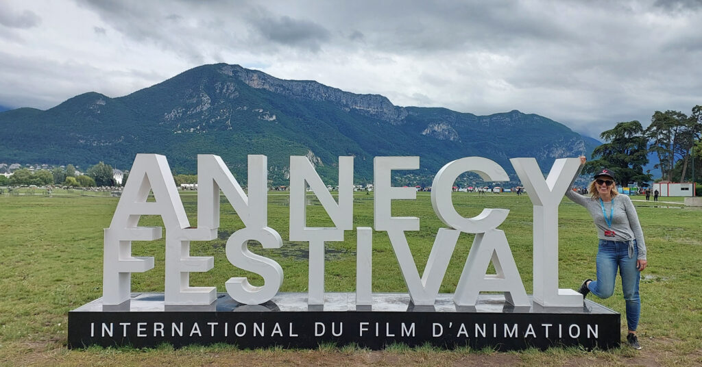 Annecy Festival sign at Lake Annecy during the Annecy International Animation Film Festival
