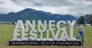Annecy Festival sign at Lake Annecy during the Annecy International Animation Film Festival